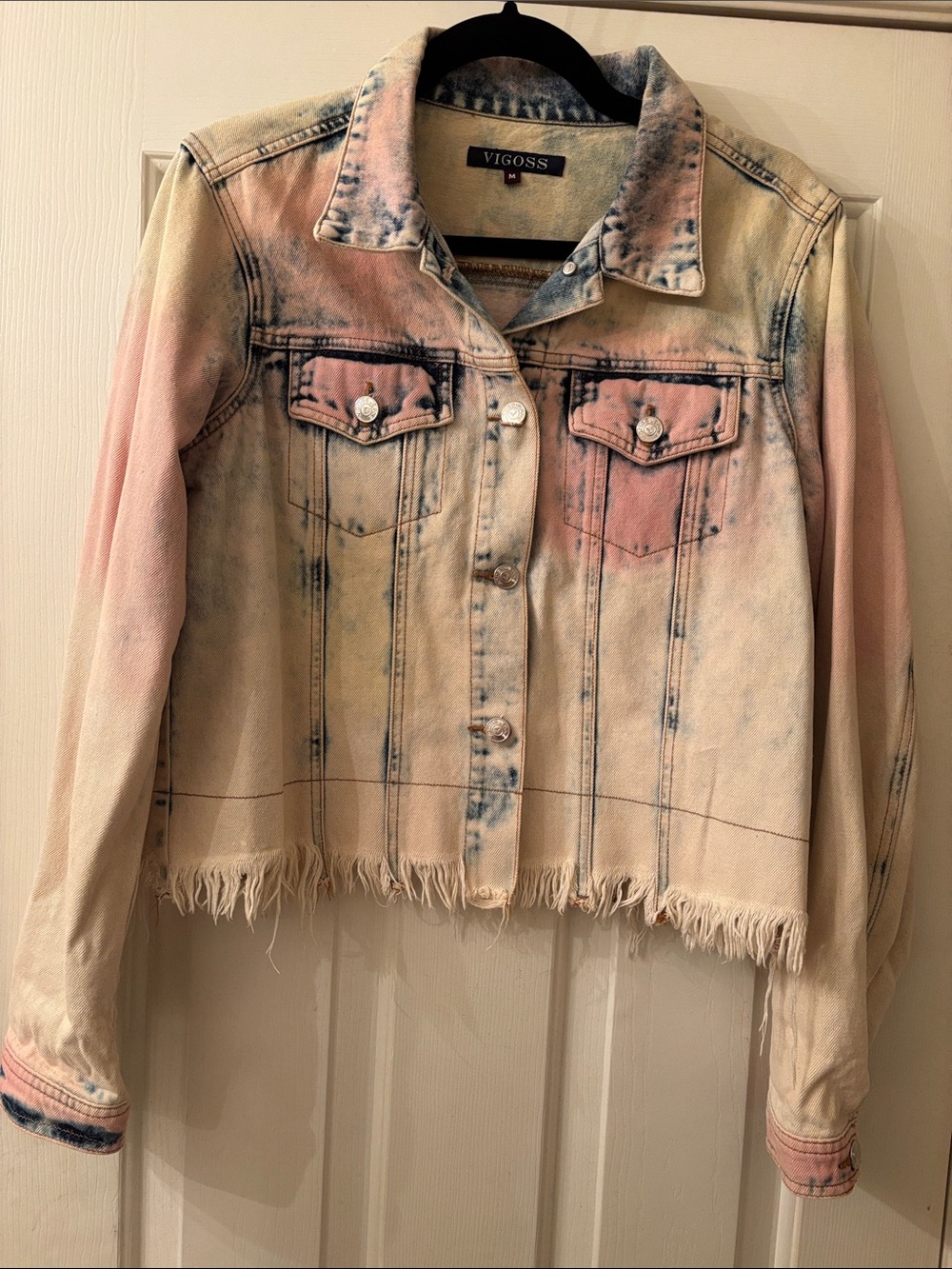 Vigoss Pink and Blue Tie-Dye Cropped Denim Jacket Med EUC
